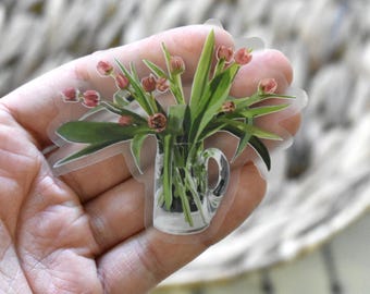 Clear flower sticker, Red tulips sticker for water bottles, laptops, phone, Flower bouquet sticker, Weatherproof vinyl sticker
