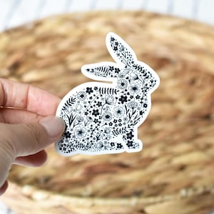 Bunny sticker, Cute sticker, Rabbit laptop sticker, Vinyl sticker, scrapbooking, Black and white sticker, Floral sticker, Flower bunny