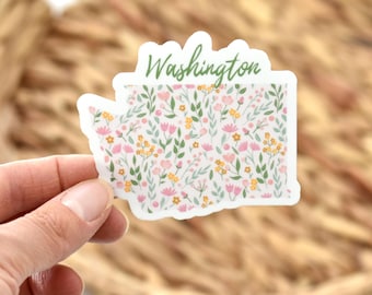 Pegatina de Washington, WA para botella de agua, portátiles, pegatina floral de Washington, pegatinas estatales, pegatina impermeable, calcomanía de Washington