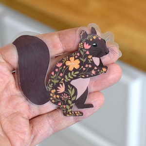 Clear Squirrel sticker, Cute floral Squirrel sticker for water bottle, laptop, phone, Squirrel with flowers weatherproof vinyl sticker
