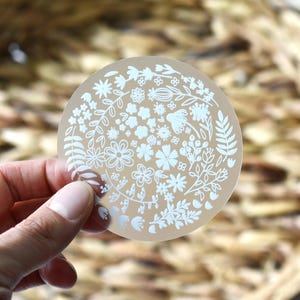 Clear flower sticker, Floral sticker, Transparent decal, Laptop sticker, White flower vinyl sticker for water bottles, Floral circle decal image 5