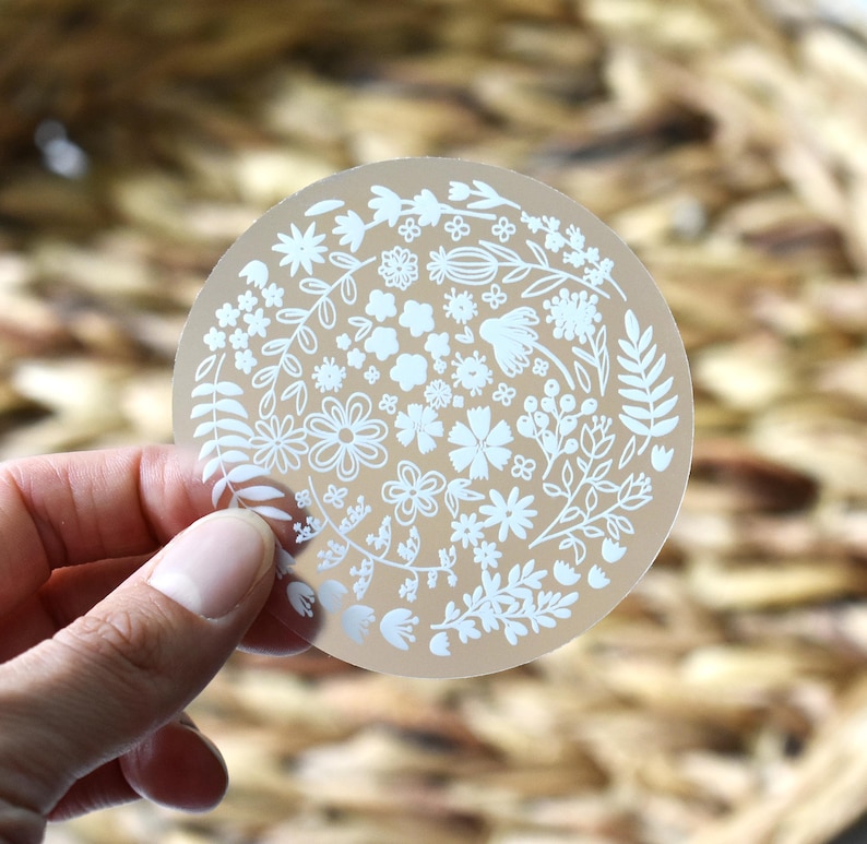 Clear flower sticker, Floral sticker, Transparent decal, Laptop sticker, White flower vinyl sticker for water bottles, Floral circle decal image 5