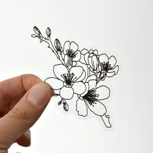 Peut inclure: Un dessin au trait noir et blanc d'une branche de cerisier en fleurs avec cinq fleurs. Les fleurs sont délicates et ont chacune cinq pétales.