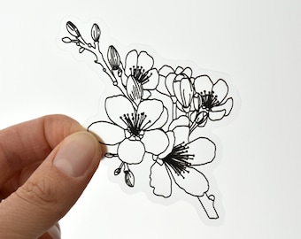 Pegatina de flores transparente, pegatina floral en blanco y negro para botellas de agua, pegatina de dibujo lineal para portátiles y teléfonos, pegatina de vinilo resistente a la intemperie.