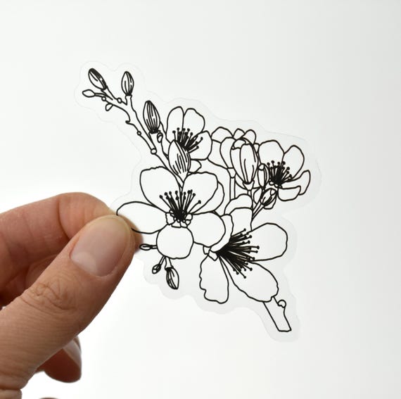Clear flower sticker, Black and white floral sticker for water bottles, Line drawing sticker for laptops, phone, Weatherproof vinyl sticker