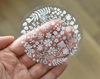 Pegatina de flor transparente, pegatina floral, calcomanía transparente, pegatina para portátil, pegatina de vinilo de flor blanca para botellas de agua, calcomanía floral circular