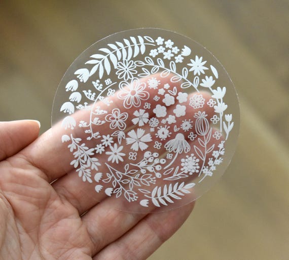 Clear flower sticker, Floral sticker, Transparent decal, Laptop sticker, White flower vinyl sticker for water bottles, Floral circle decal
