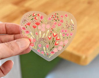 Floral heart sticker, Clear heart sticker, Valentines day decal with flowers, Laptop decal, Love sticker, sticker for water bottles