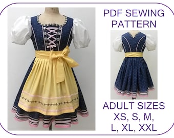 Adult Dirndl dress pattern Sizes xs-xxl dirndl dress and apron Oktoberfest costume pattern Bavarian peasant folk dress dirndl schnittmuster