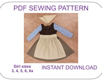 Cinderella rag dress costume pattern. PDF pattern for 3 piece Halloween costume: dress, apron and kerchief. Cinderella pattern 3-7 year old