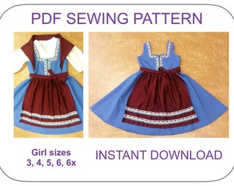 Dirndl folk dress pattern 3-7 yr Costume Pdf sewing pattern including dress blouse apron and kerchief 5 sizes Folk dress pattern girls kids