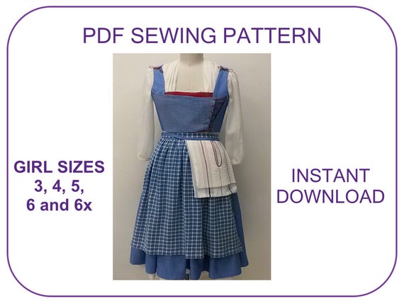 Kid Sizes 3 6yr Belle Blue Village Dress Pdf Sewing Pattern 2017 Movie Emma Watson Belle Peasant Costume In Beauty And The Beast Halloween