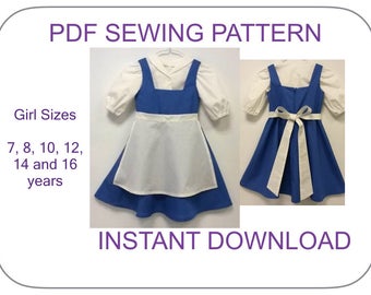 7-16 years Belle blue dress costume pattern. PDF pattern for 3 piece costume: dress, blouse and apron Beauty and the Beast Halloween pattern
