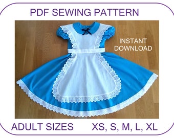 ADULT SIZES! Alice in Wonderland costume pattern. Dress and apron PDF pattern. Alice Cosplay Halloween costume pattern women. Alice costume.