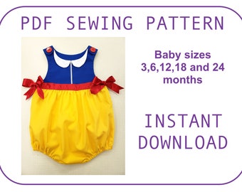 Baby and toddler Snow White princess Bubble onesie Pattern PDF sewing pattern. Body pattern Halloween, First Birthday costume outfit pattern