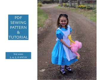 Alice in Wonderland pattern 3-7 yr girl PDF sewing pattern Girl dress and pinafore apron pattern Halloween Alice pattern Birthday outfit pdf