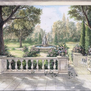 May include: A watercolor painting depicting a view from a balcony overlooking a garden with a fountain in the center. The garden is filled with lush greenery and flowers, and the fountain is surrounded by a circular pool of water. The balcony has a white stone railing and is decorated with potted plants.