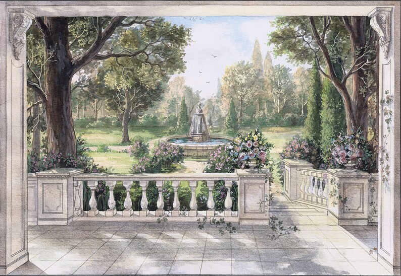 May include: A watercolor painting depicting a view from a balcony overlooking a garden with a fountain in the center. The garden is filled with lush greenery and flowers, and the fountain is surrounded by a circular pool of water. The balcony has a white stone railing and is decorated with potted plants.