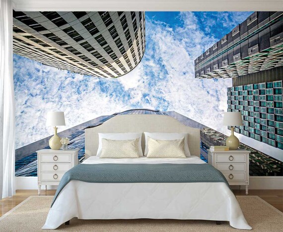 Cloudy Sky Wallpaper Skycrapers Ceiling Covering Building Etsy
