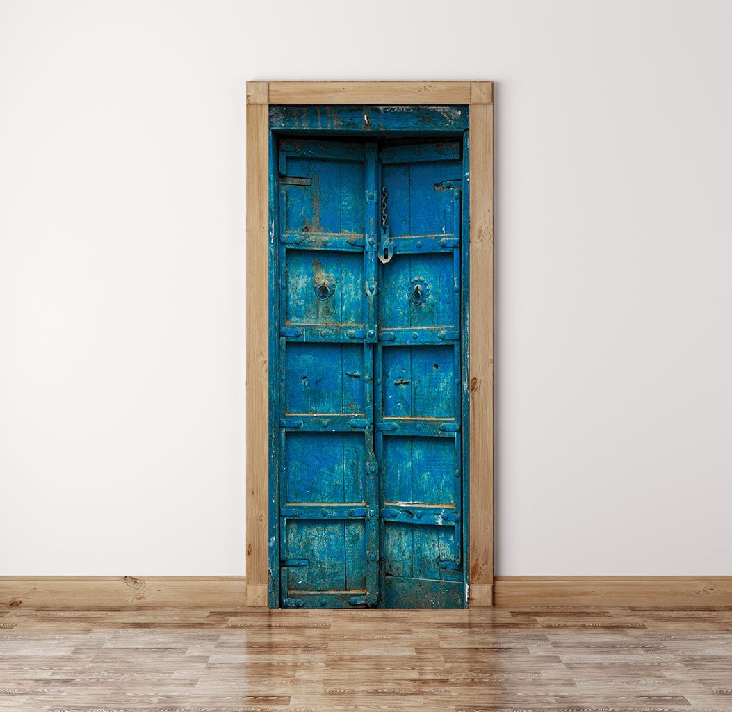 Retro Door Wrap, PEEL AND STICK, Vintage Door Sticker, Rustic Door Decal, Old Door Mural, Blue Door Decal Mural, Indian Old Door, Removable
