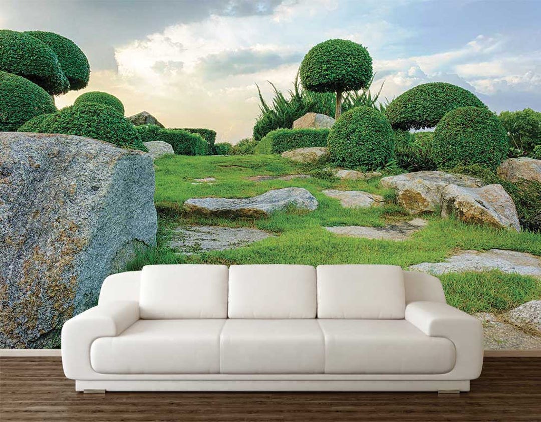 Garden Scene Wall Mural, ENGLISH GARDEN WALLPAPER, Peel and Stick Art