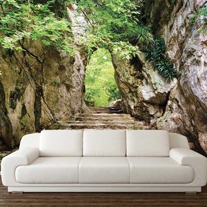 Jungle Wallpaper, Cave Wall Mural, NATURE WALL ART, 3D Wall Decor, Peel And Stick, Stairs Wall Art, Greenery Wall Art, Living Room Decor