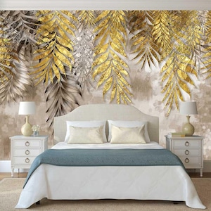 FOGLIE D'ORO, CARTA DA PARATI Peel And Stick, Carta da parati 3D, Arte murale con foglie, Carta da parati con foglie, Stampe floreali, Carta da parati floreale, Decorazioni dorate
