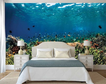 Ocean Underwater Wallpaper, Wall Mural Underwater, Corals Wall Decal, Wallpaper Fishes
