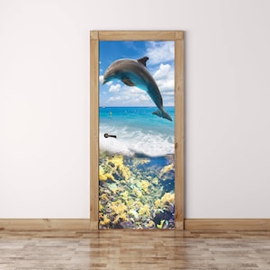 Exotic Door Mural, SELF-ADHESIVE DOOR Decal, Dolphin Door Wrap, Vinyl Door Sticker, Ocean Door Decor, Underwater Door Art, Nautical Door