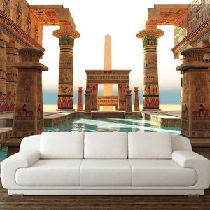 Egyptian Pool Wallpaper, EGYPTIAN WALL COVERING, Hieroglyphs Wall Art, 3D Wall Decor, Egyptian Architecture Wall Mural, Peel And Stick