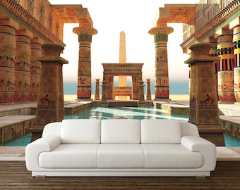 Papel pintado de piscina egipcia: Mural de pared 3D con jeroglíficos, despegar y pegar