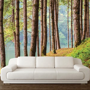 Art mural forêt, papier peint forêt, sticker mural forêt, papier peint autocollant, papier peint arbres forestiers, sticker arbre forêt, déco salon