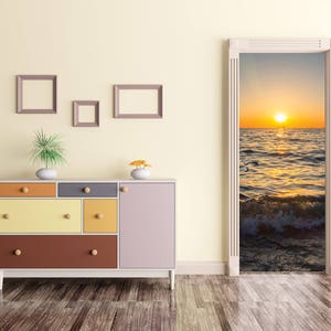 Romantic Door Decal, Self-adhesive Decor,PEEL AND STICK Door Sticker, Wave Door Wrap, Nautical Door Art, Sun Door Mural, Sunrise Ocean Cover