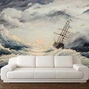 Stormy Ocean Painting Removable Wallpaper Mural: Peel and Stick