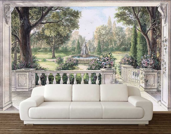 Vintage Garden View Wall Mural: Peel and Stick Vinyl Print