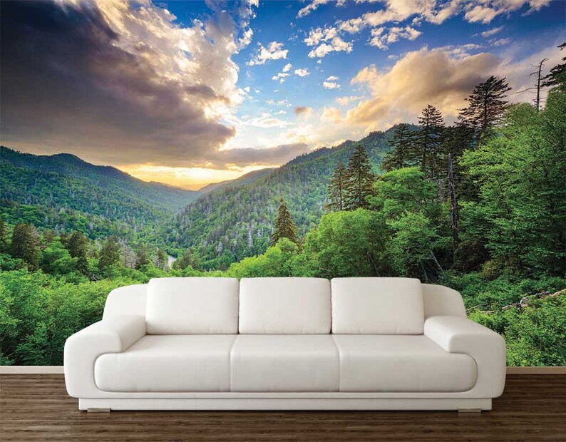 Mountain Scene Wall Mural Wall Decal Mountain Forest Wall Etsy Canada