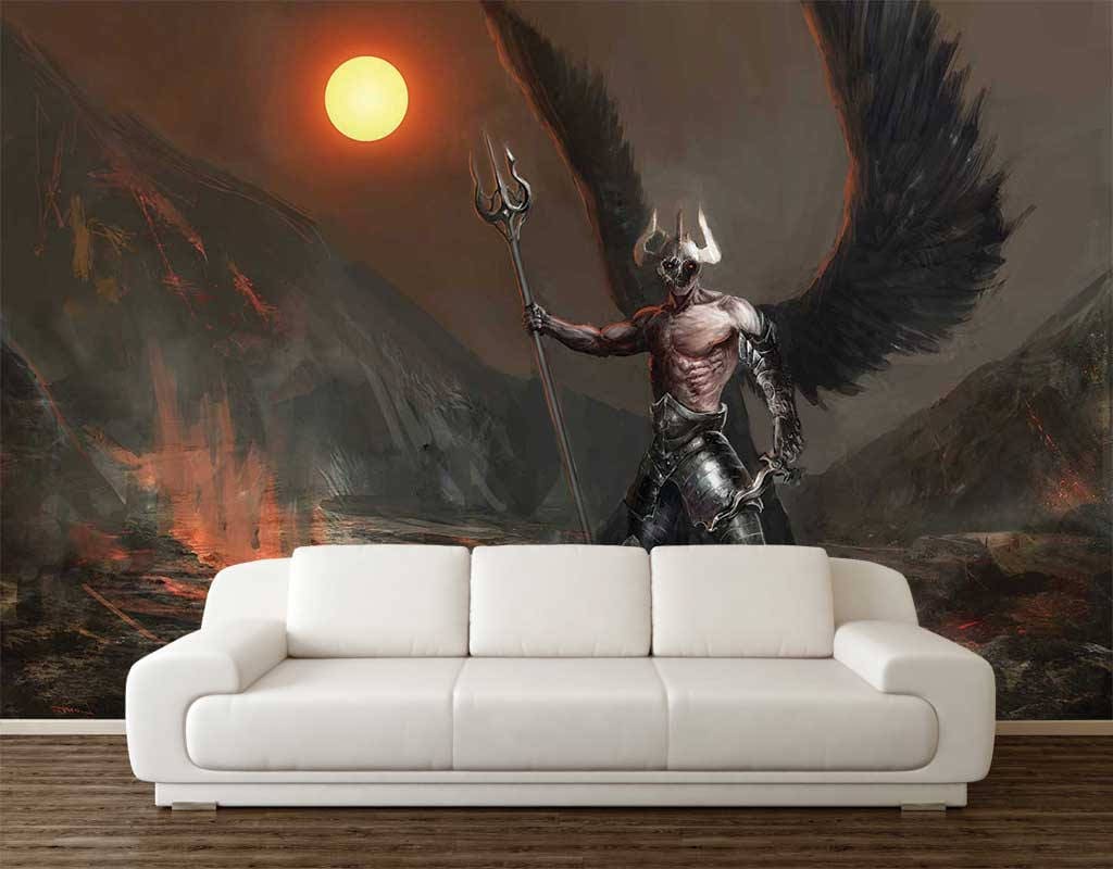 FANTASY ART WALLPAPER, Warrior Wall Mural, Dark Angel Wall Hanging, Fantasy Décor, Peel And Stick, Angel Wings Wall Covering, Removable
