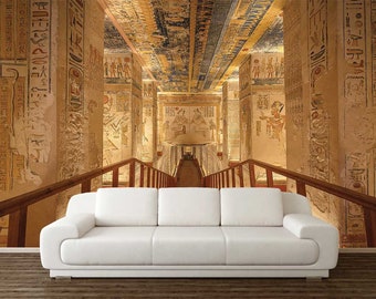 EGYPTIAN TEMPLE WALLPAPER, Peel And Stick Wall Art, Hieroglyphs Wall Covering, Vintage Wall Tapestry, Old Temple Wall Décor,Egypt Wall Mural