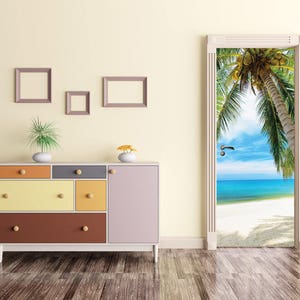 TROPICAL DOOR DECAL, Palm Beach Door Sticker, Palms Door Wrap, Exotic Door Art, Beach Door Covering, Palm Tree Door Decor, Ocean Door Wrap