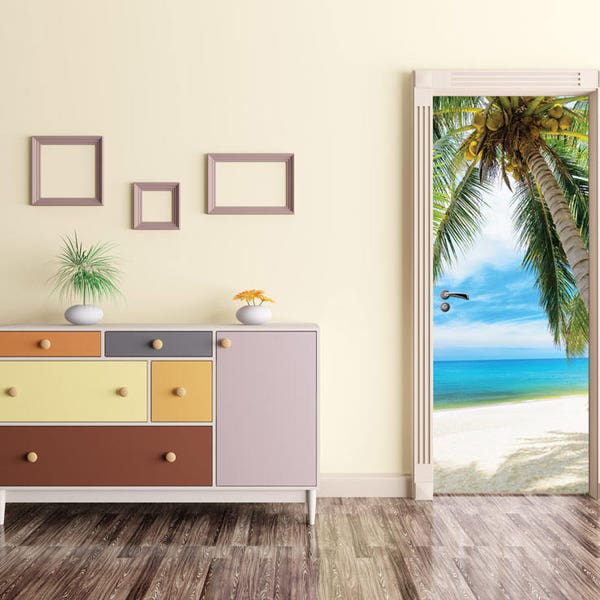 DÉCALCOMANIE DE PORTE TROPICALE, Autocollant de porte Palm Beach, Enveloppe de porte palms, Art de porte exotique, Revêtement de porte de plage, Décoration de porte de palmier, Enveloppe de porte océan