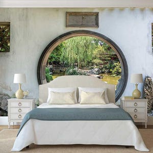 Garden Scene Wall Mural, Garden Wallpaper, Wall Decal Garden, Oriental Garden Wall Mural, Wall Mural Stones