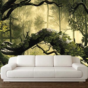 Peinture murale de la jungle, PAPIER PEINT MAGIQUE DE LA FORÊT, Autocollant, Art mural des arbres, Décor mural en bois, Peler et coller, Tapisserie murale de verdure