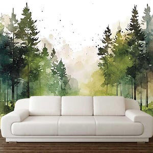 PEINTURE AQUARELLE, décalcomanie forêt, art mural forêt, papier peint autocollant, impression forêt, décoration murale forêt, cadeaux de pendaison de crémaillère, chambre d'enfant