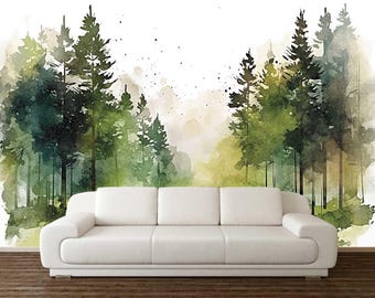 Wasserfarben Wald Wandbild, zum Schälen und Aufkleben von Tapeten