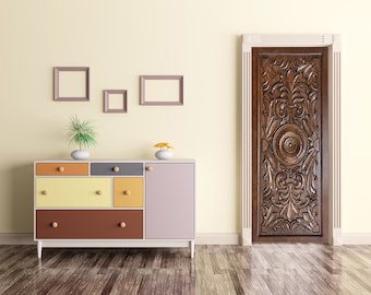 Carved Wood Door Mural: Antique Peel and Stick Decal