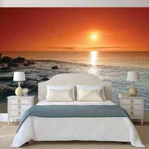 Orange Wall Art, ORANGE SUN PRINT, Peel And Stick, Sunset Wall Art, Sunset Wallpaper, Sunset Wall Mural, Sunny Sticker, Nautical Decor