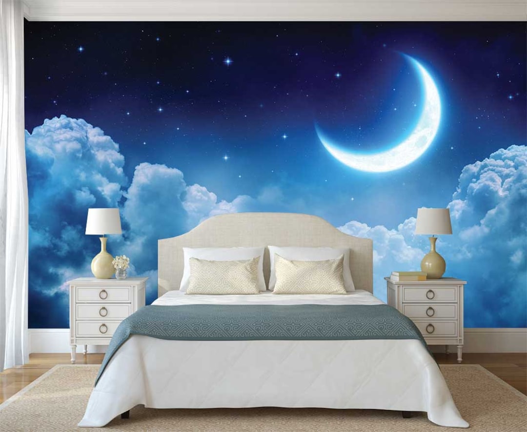 Moon and Star Mural, MOON WALL ART, Peel and Stick, Clouds Ceiling Paper, Bedroom Wall Decor