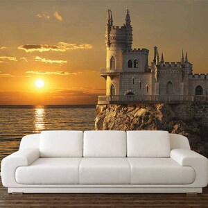 Fantasy Wall Mural, Wall Mural Castle, PEEL AND STICK, Sunset Wallpaper, Castle Wall Decal, Sunset Wall Art, Sunrise Wall Décor, Reusable