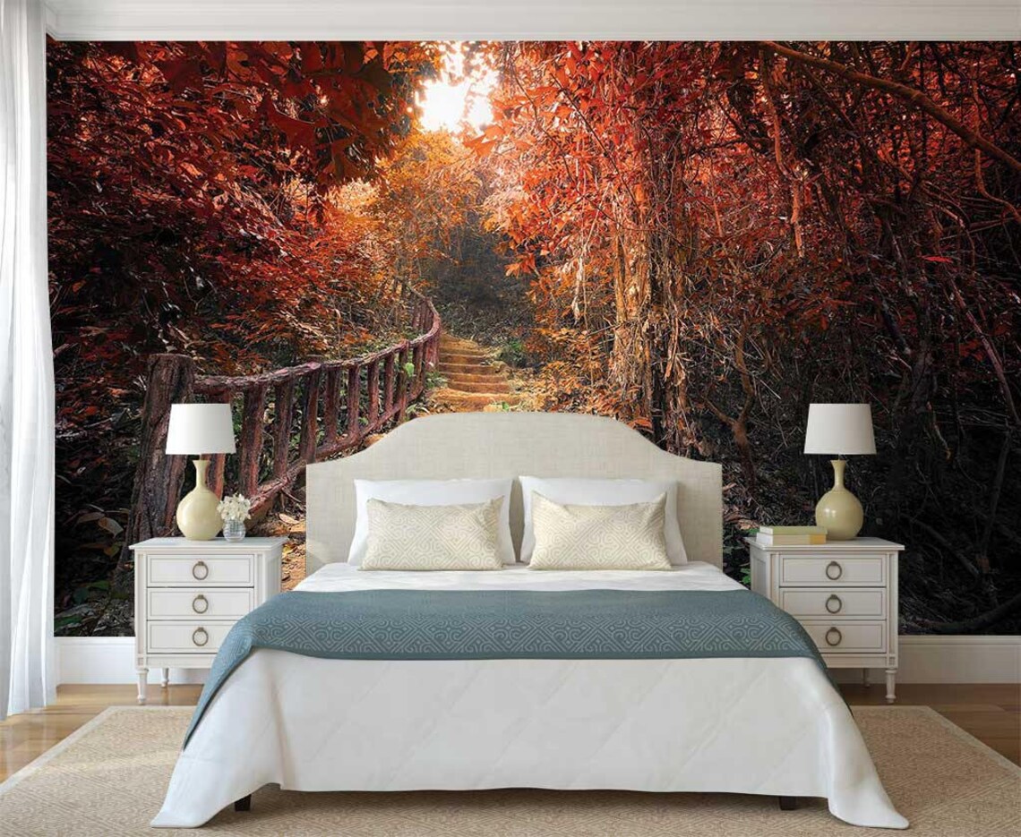 Wall Mural Trees Wall Mural Stairway Forest Wallpaper Etsy