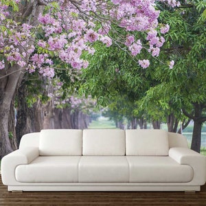 PINK TREE WALLPAPER, Spring Wall Mural, Greenery Wall Covering, Choose Size, Trees Wall Art, Customized Wall Decal, Personalized Wall Sheet